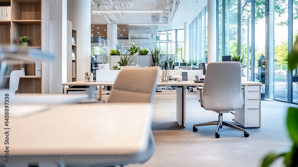 Leinwandbilder Modern office interior with sleek desks, comfortable chairs, and large windows offering a view of green trees, creating a bright and productive workspace. : Generative AI