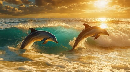 Fototapeta premium A serene beach scene with dolphins leaping gracefully through crystal-clear waves under a golden sunset. 