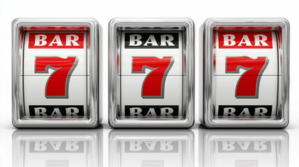 Three metallic slot machine reels displaying red sevens and BAR symbols  