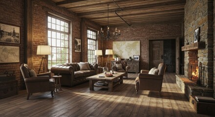 Fototapeta premium Rustic Living Room Interior Design with Brick Walls