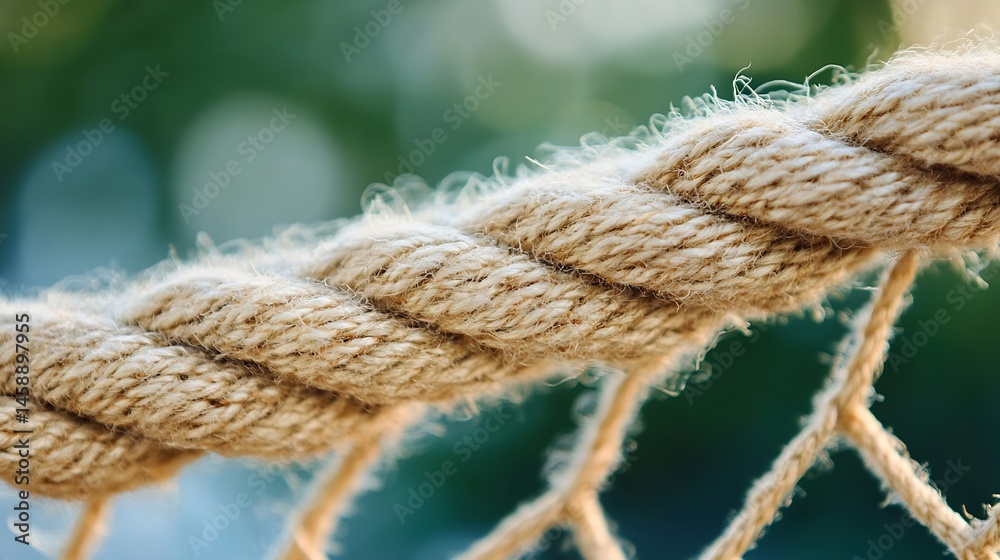 Poster close-up view of a thick, beige rope, intricately woven with visible fibers, set against a blurred g