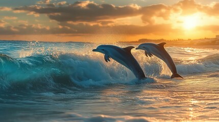 Fototapeta premium A serene beach scene with dolphins leaping gracefully through crystal-clear waves under a golden sunset. 