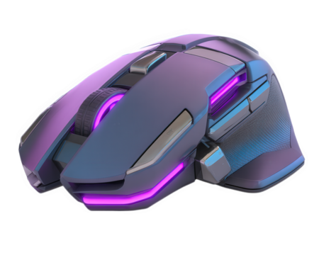 Modern gaming mouse featuring customizable buttons and vibrant RGB lighting, designed for enhanced performance and aesthetics. Its sleek design and ergonomic shape provide comfort during extended