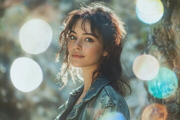 Naklejka premium A young woman with dark, wavy hair looks at the camera, bokeh lights in the background.