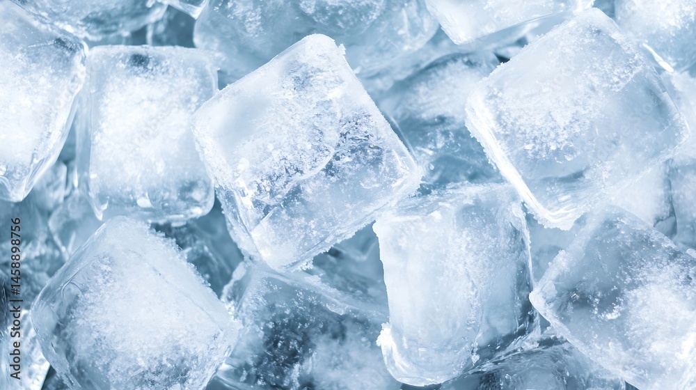 Poster Close-up view of a pile of translucent ice cubes, each with a frosty texture, creating a cool and refreshing visual. : Generative AI