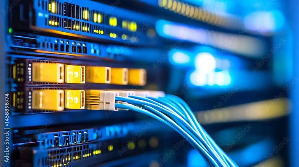 Aufkleber Close-up view of fiber optic cables connected to a server rack, showcasing the intricate network infrastructure and data transfer technology. : Generative AI