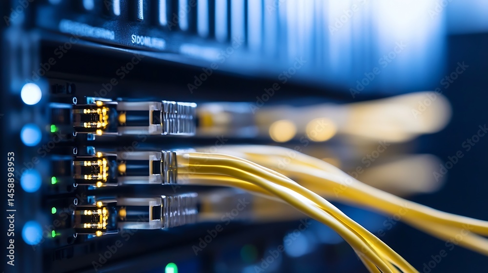 Poster Close-up view of fiber optic cables connected to a server rack, showcasing the intricate details of network infrastructure and high-speed data transfer technology. : Generative AI