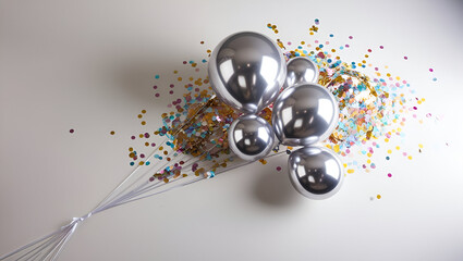 a minimal yet elegant background with silver balloons and sparkling confetti on white
