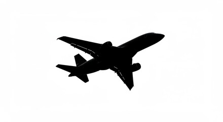 Silhouette of a commercial airplane flying upwards against a stark white background in the sky