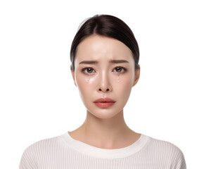 Fototapeta premium Crying Asian woman with tears on her face, expressing deep emotions against transparency background. image captures moment of vulnerability and sadness, highlighting emotional depth of subject