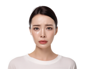 Crying Asian woman with tears on her face, expressing deep emotions against transparency background. image captures moment of vulnerability and sadness, highlighting emotional depth of subject