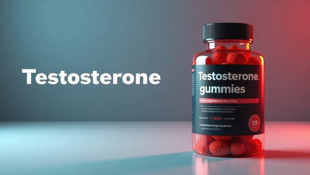 Testosterone. Testosterone supplement. Product ad banner copy text. Bottle of testosterone gummies sits on table, symbolizing both health and masculinity for modern men.