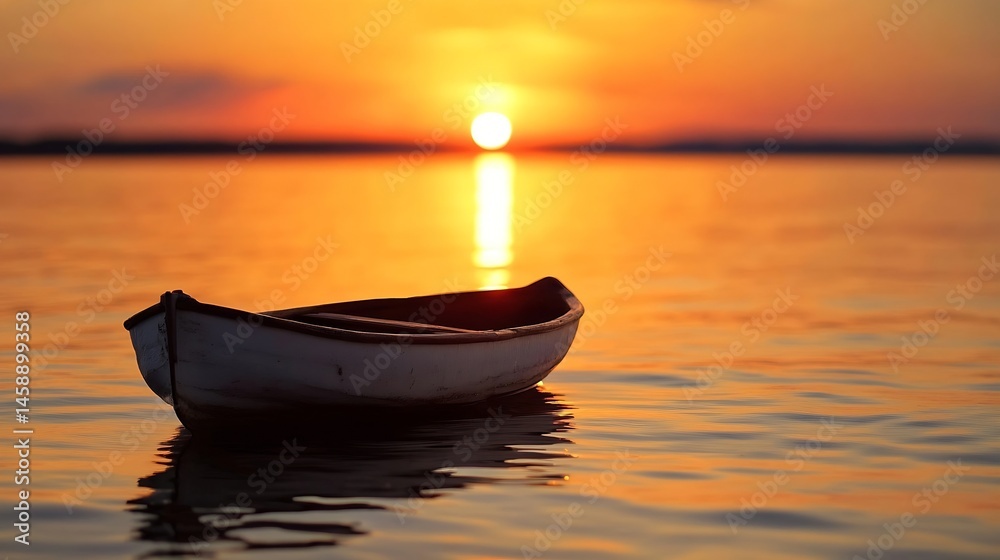 Poster Serene sunset scene featuring a small, white rowboat gently bobbing on calm orange water, the sun setting majestically in the background. : Generative AI