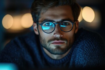 A young man with glasses intensely focused on a screen in a dimly lit room.