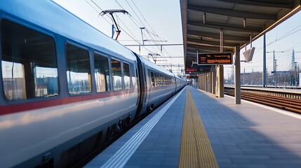 Modern high-speed train at a platform, waiting for departure.  Sunlight illuminates the platform and the sleek, silver train car. : Generative AI
