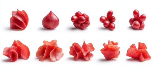 Fototapeta premium Ten Red Strawberry Shaped Confectionery Pieces on White Background