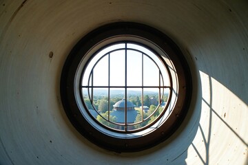 Fototapeta premium Unique Residential Conversion: View Through Large Circular Window of Converted Water Tower Home Showing Original Metal Structure