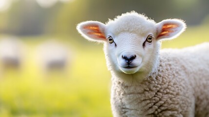 Naklejka premium Adorable lamb in a sunlit pasture, looking directly at the camera with curious eyes. Soft, fluffy white wool, delicate features, and peaceful expression. : Generative AI