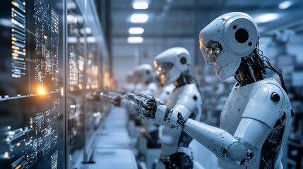 Fototapeta premium Robots interacting with a large digital display in a factory.