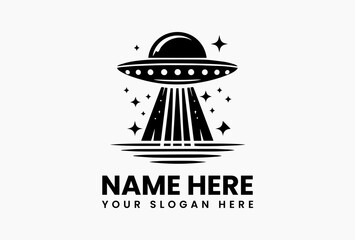 Bold black UFO with glowing beam lights, retro sci-fi vector logo for conspiracy podcasts and alien-themed brands 