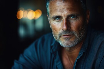 Obraz premium A contemplative middle-aged man with salt and pepper hair, wearing a dark teal shirt, stares intently at the camera.