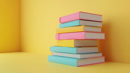 Stack of colorful books on a yellow background