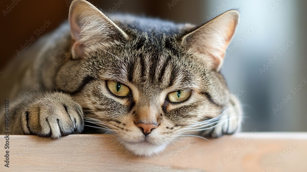 Poster close-up portrait of a tabby cat resting its paws on a light brown wooden surface, showing its inten