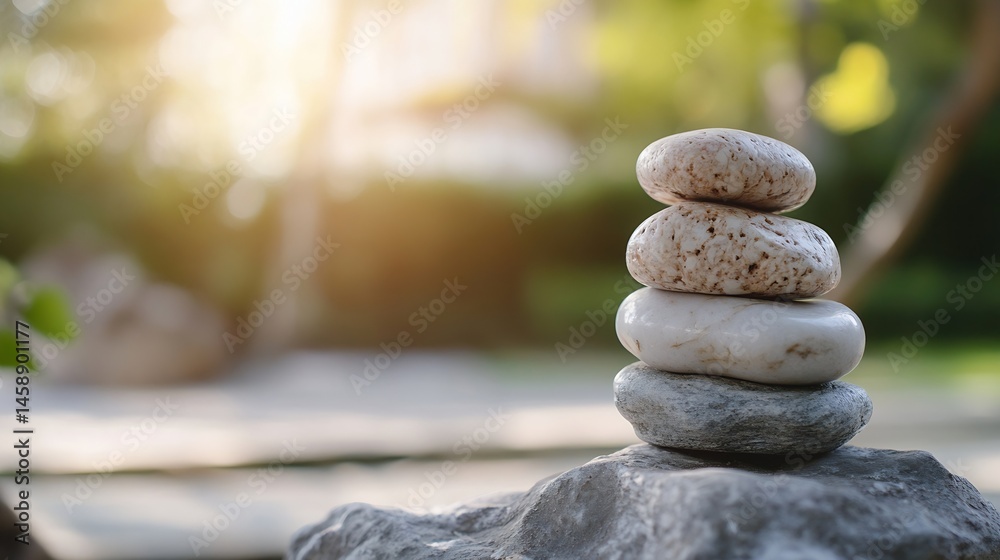Poster serene stack of smooth stones in a tranquil garden setting, bathed in soft sunlight, conveying peace