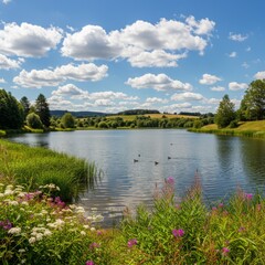 Serene Summer Lake Landscape with Ducks