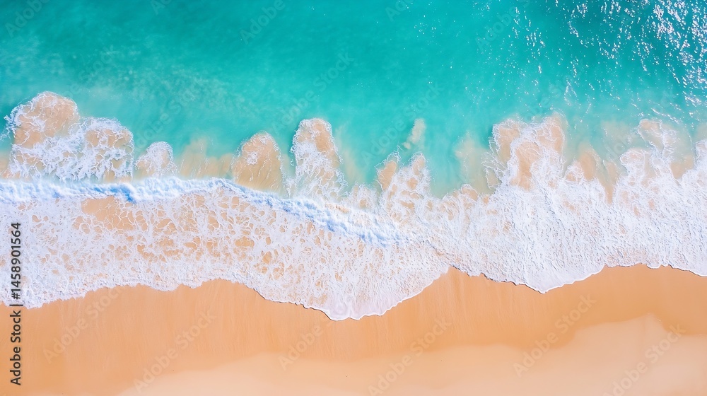 Aufkleber aerial view of turquoise ocean waves gently breaking on a sandy beach, creating a serene and picture