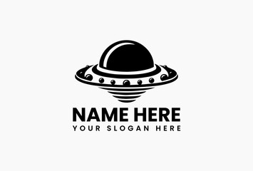 Bold black UFO with glowing beam lights, retro sci-fi vector logo for conspiracy podcasts and alien-themed brands 