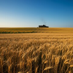 Obraz premium Golden Wheat Field with Farmhouse and Sunflowers under a Blue Sky