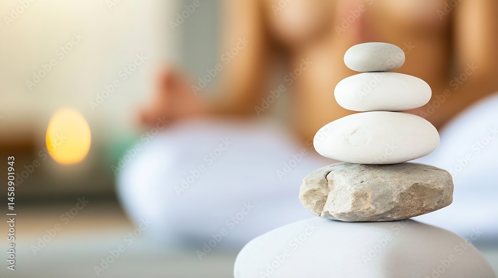 Aufkleber serene stacked stones: a close-up of balanced pebbles with a blurred person meditating in the backgr