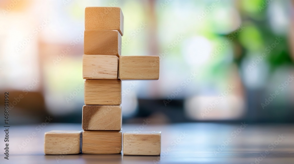Aufkleber wooden blocks stacked in an l shape on a table, against a blurred background of green and orange hue