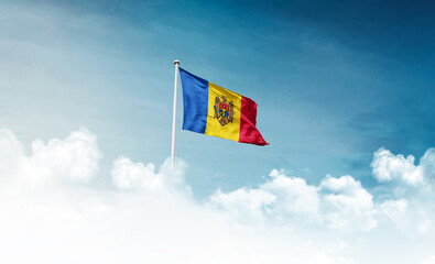 Moldova national flag with mast waving in beautiful sky. Moldova flag for Republic Day and...