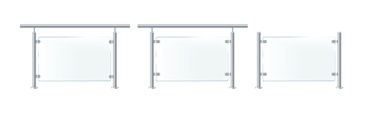 Glass or plexiglass fence with banisters. Architectural guardrail for balcony or office terrace.