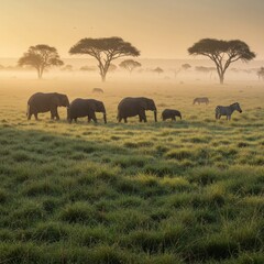 Obraz premium African Elephant Family at Sunrise in Grassland