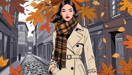 Stylish woman in autumn trench coat and scarf strolling through a european city street