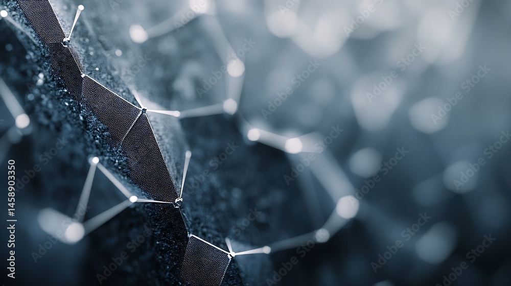 Poster Abstract dark blue network structure with glowing nodes and connecting lines, resembling a futuristic technological or scientific concept. : Generative AI