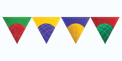 Colorful triangle flags with bocce balls, perfect for sport-themed decor, games, or banners.