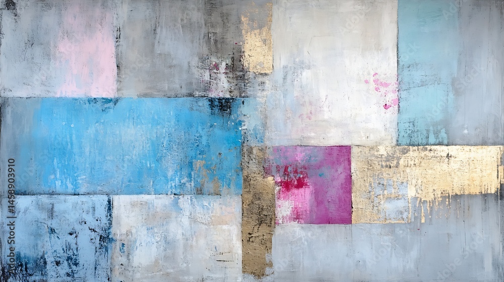 Aufkleber abstract art painting with textured blocks of blue, pink, grey, and gold, creating a modern and calm