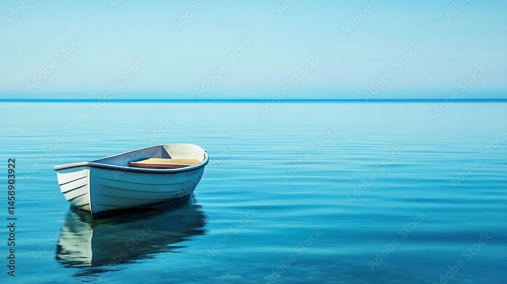 Poster A small white rowboat floats serenely on a calm, turquoise sea under a pale blue sky, creating a peaceful and tranquil scene. : Generative AI
