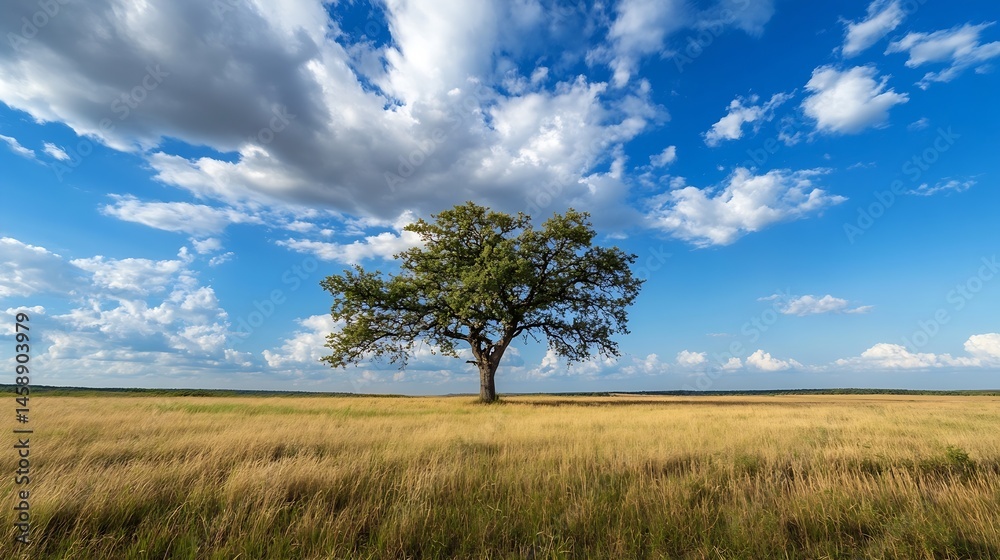 Poster single tree standing in a vast golden field under a vibrant blue sky with fluffy white clouds, a ser