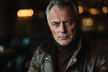 Fototapeta premium A serious middle-aged man with graying hair, wearing a brown leather jacket, stares intensely at the camera.