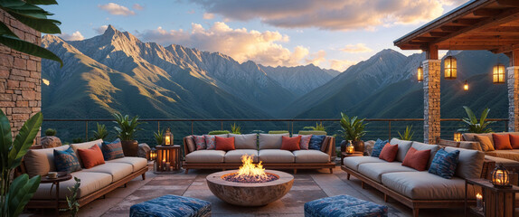 Luxurious outdoor patio with mountain view features fire pit and comfortable seating