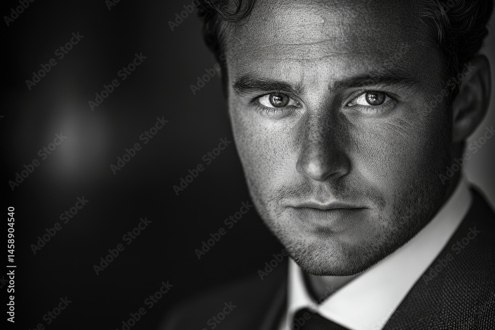 Poster a black and white portrait of a man, showcasing his intense gaze and sharp features.