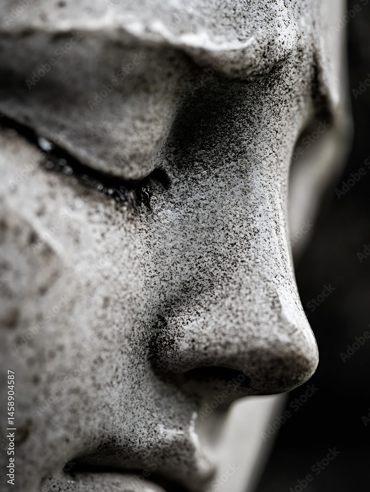 Poster close-up of a weathered stone face, showing detail of texture and subtle tears, evoking feelings of 