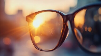 Close-up view of eyeglasses reflecting a vibrant sunset, showcasing warm orange and yellow hues, blurred city backdrop. : Generative AI