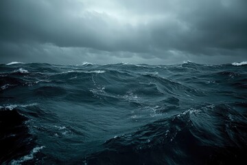 Dark, stormy sea, large waves crashing.  Heavy, ominous clouds fill the sky.  Vast expanse of turbulent water