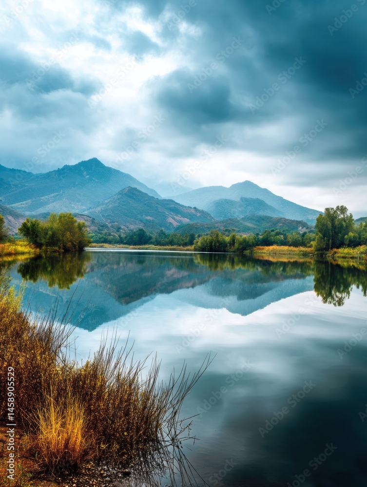 Poster Tranquil Lake Reflecting Mountains and Cloudy Sky During a Serene Moment in Nature Generative AI